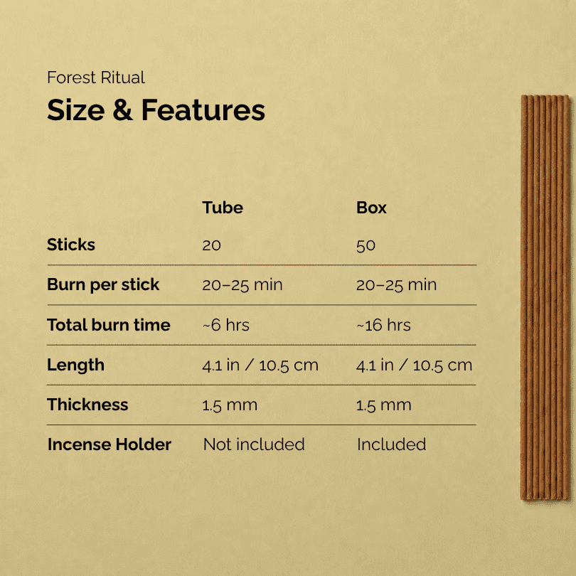 Forest Ritual frankincense stick product with size and features text on a beige background