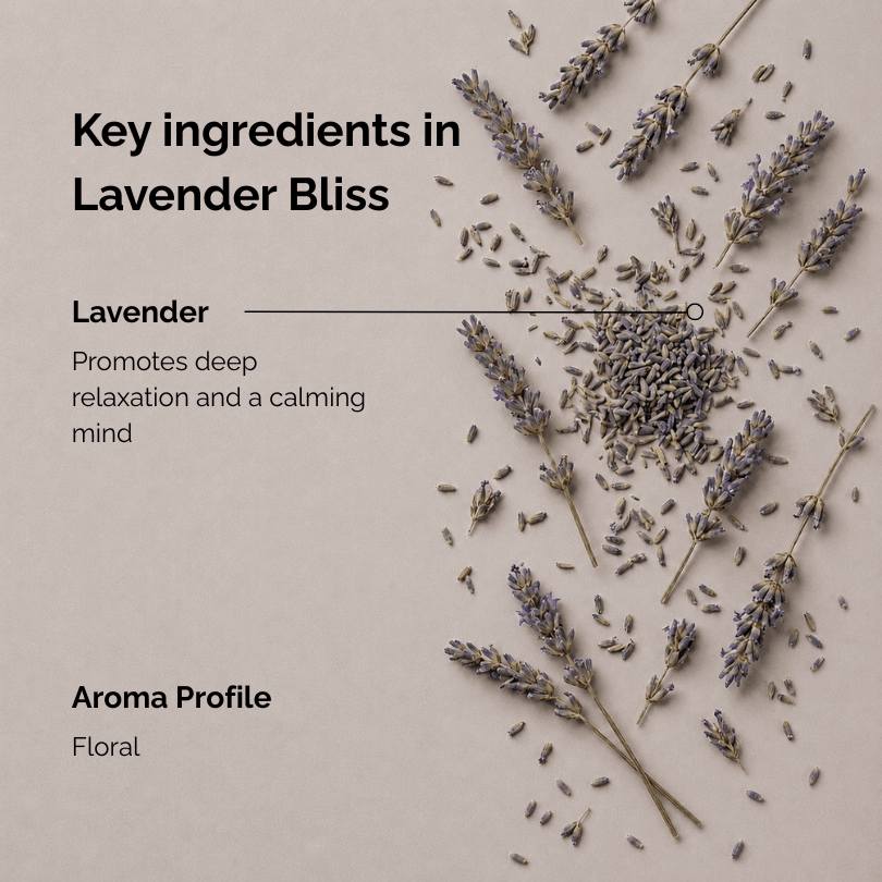 Key ingredients of lavender incense named “Lavender Bliss”, featuring dried lavender buds and lavender sprigs arranged on a soft purple background, highlighting the floral and calming aroma profile of this botanical incense.
