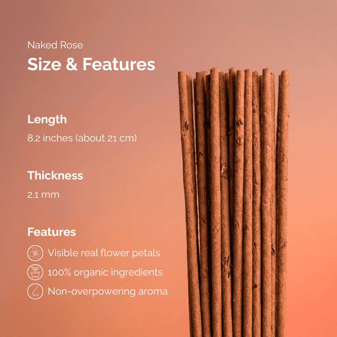 Naked Rose product with size and features text on a gradient background