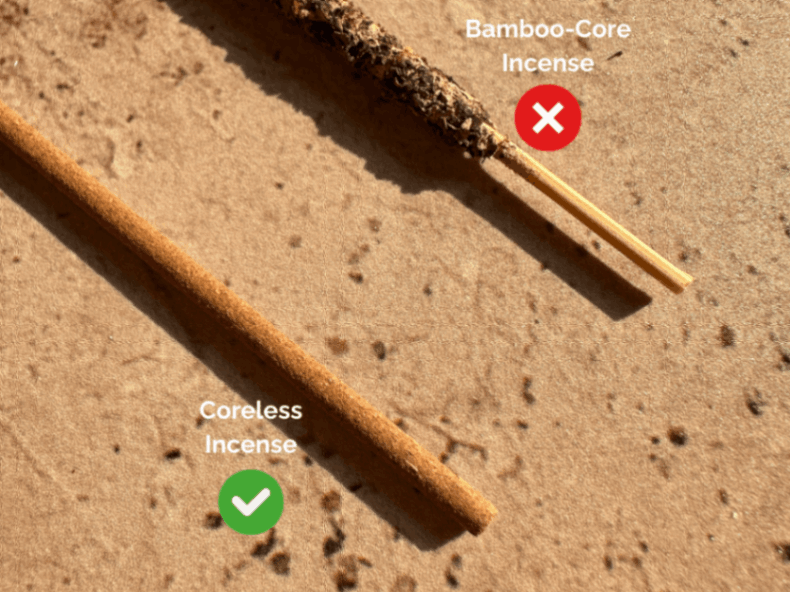 Comparison image showing coreless incense sticks as compatible and bamboo-core incense sticks as not suitable for this incense holder