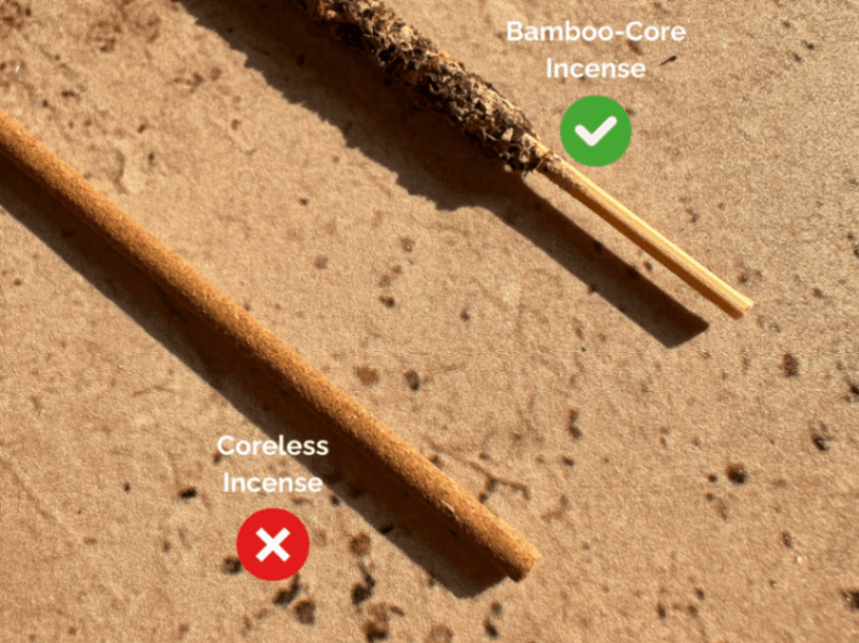 Comparison image showing bamboo-core incense sticks as compatible and coreless incense sticks as not suitable for this incense holder