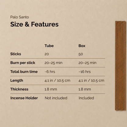 Palo Santo incense sticks  product with size and features text on a brown background