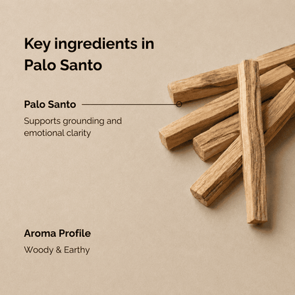 Key ingredients of palo santo incense, featuring natural palo santo wood sticks arranged on a warm golden background, highlighting the woody and earthy aroma profile of this botanical incense.