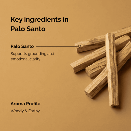 Key ingredients explaination in palo santo incense named 'palo santo' with palo santo sticks in orange background.