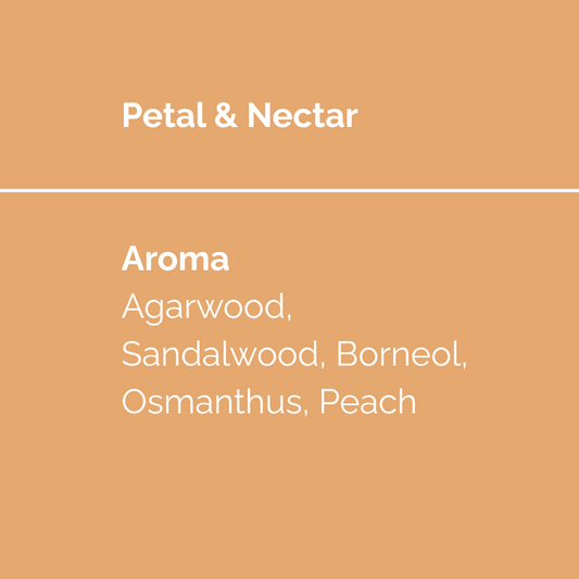 Petal & Nectar incense product display featuring a solid background with the scent notes: agarwood, sandalwood, borneol, osmanthus, and peach.