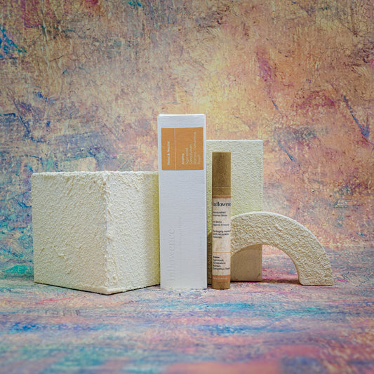 Petal & Nectar box and tube incense set displayed with a white textured block decoration, set against a Claude Monet–inspired canvas — a dreamy, floral scene evoking soft beauty and ritual calm.