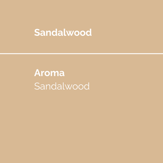 Sandalwood incense product display featuring a solid background with the scent note: warm, creamy sandalwood.