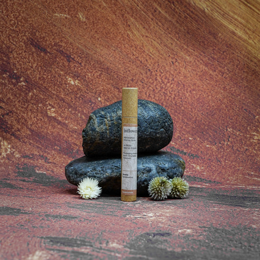 Sandalwood incense tube displayed in front of a Grand Canyon-inspired oil painting backdrop, symbolizing spiritual cleansing and energy renewal with natural serenity and earthy calm.