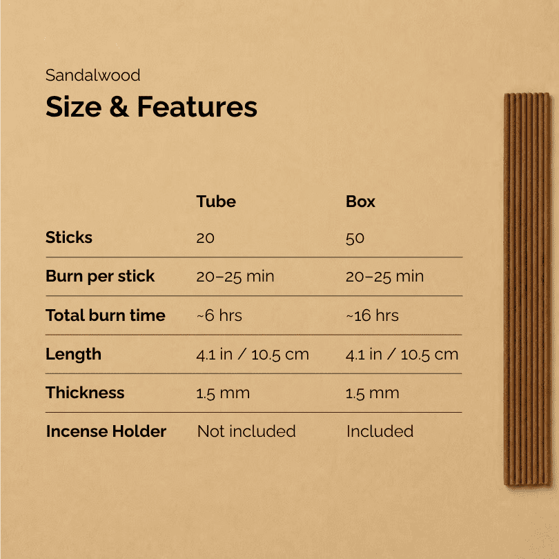 Sandalwood incense sticks product with size and features on a beige background