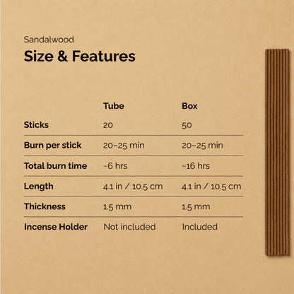 Sandalwood incense sticks product with size and features on a beige background