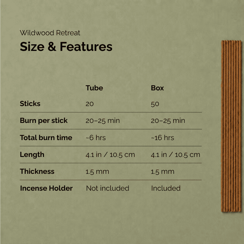 wildwood Retreat patchouli incense  product with size and features text on a green background