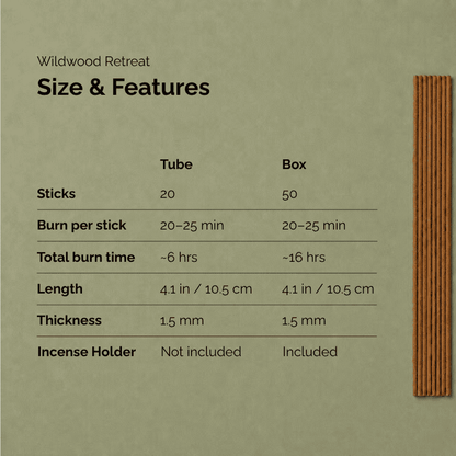 wildwood Retreat patchouli incense  product with size and features text on a green background